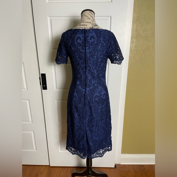 La Femme Beaded Lace Cocktail Navy Midi Dress - Picture 9 of 12